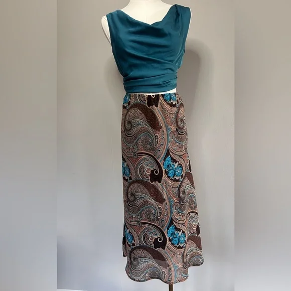 Y2K DRESSBARN Brown Paisley Sheer Overlay Midi Skirt Whimsigoth Fairy Boho Sz M - Picture 2 of 7